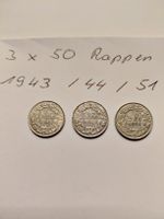 3x 50 Rappen silber 1943, 44, 51