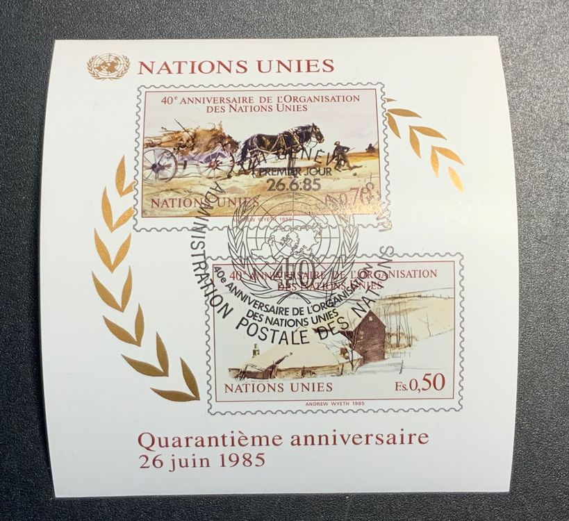 UNO Genf 1985 mit ET: Block mit gedruckter Zähnung: Gemälde (Gebraucht ...