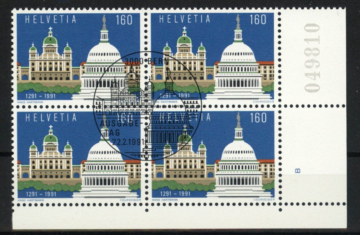 Alle Briefmarken: 1991, Schweiz/USA, Viererblöcke, ET – Gebraucht aus Willisau von Vollstempel