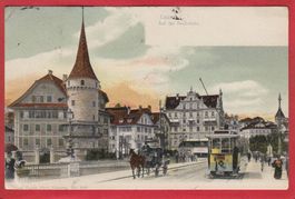 LUZERN AUF DER SEEBRÜCKE, TRAM, KUTSCHE, 1905