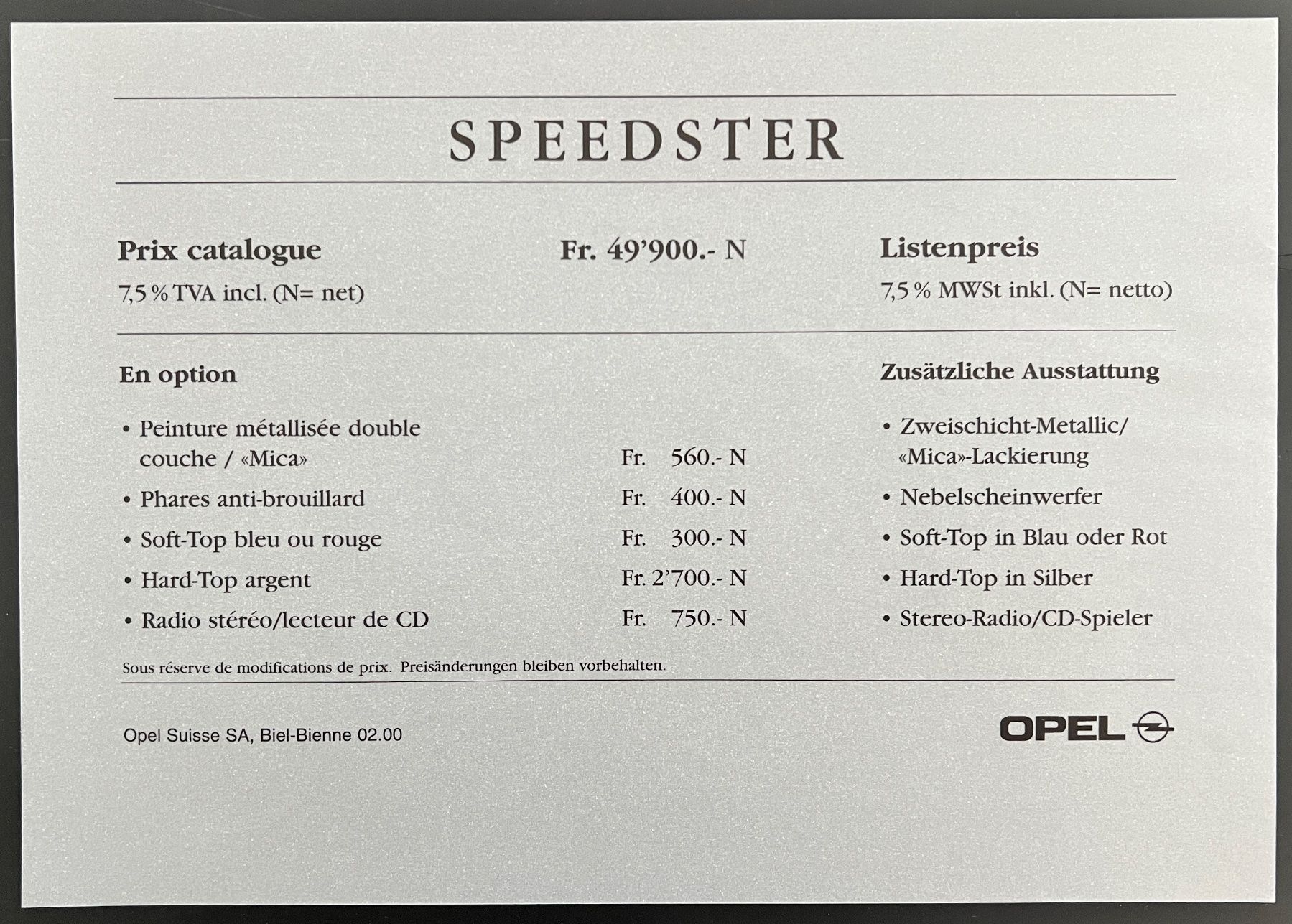 Opel Documenti: Opel Speedster Prospekt – Usato da Thun venduto da Cravatte 2