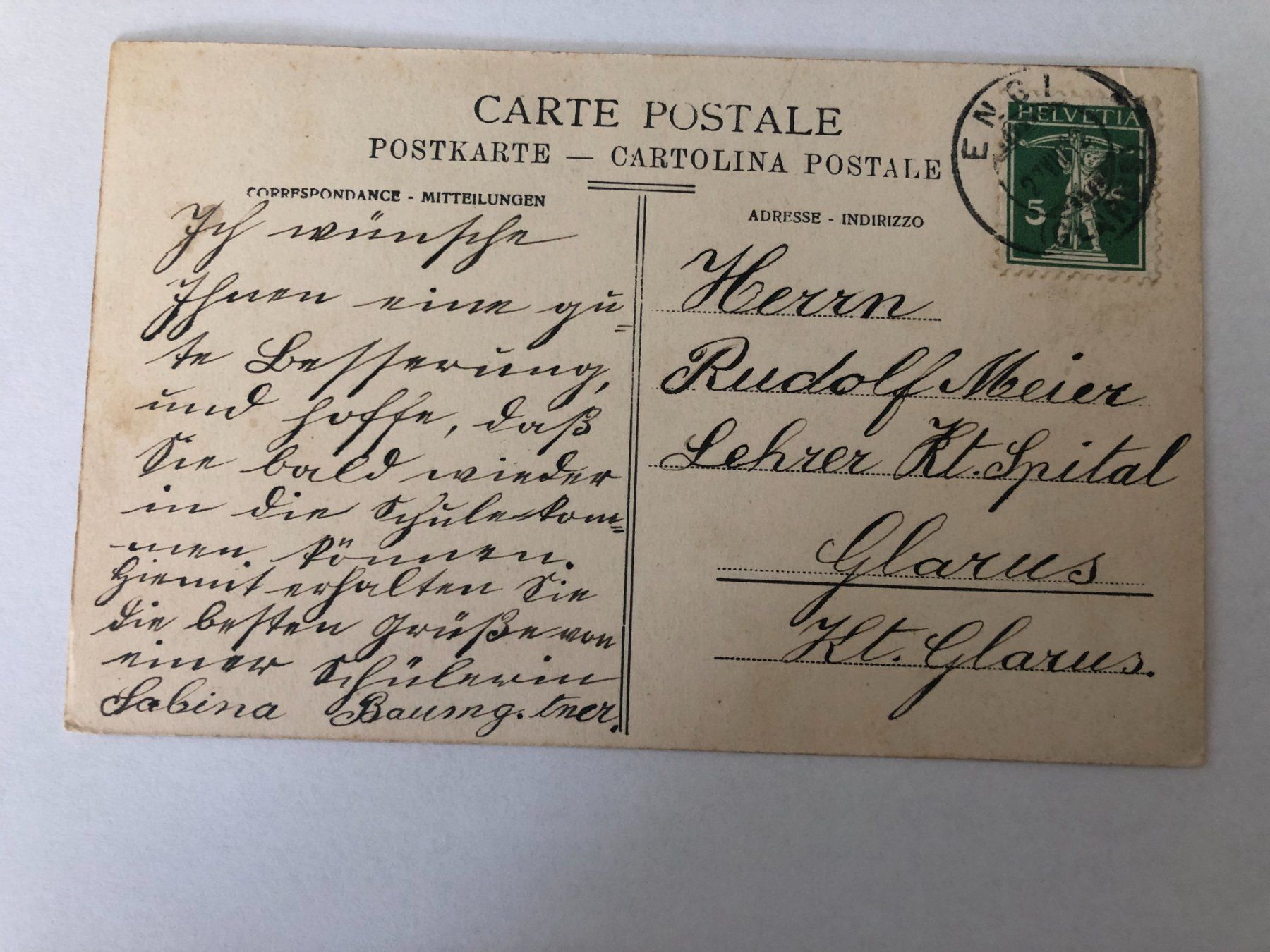 Ansichtskarten: Postkarte Engi  an Rudolf Meier Glarus – Gebraucht aus Pfäffikon ZH von Waltoversand 1