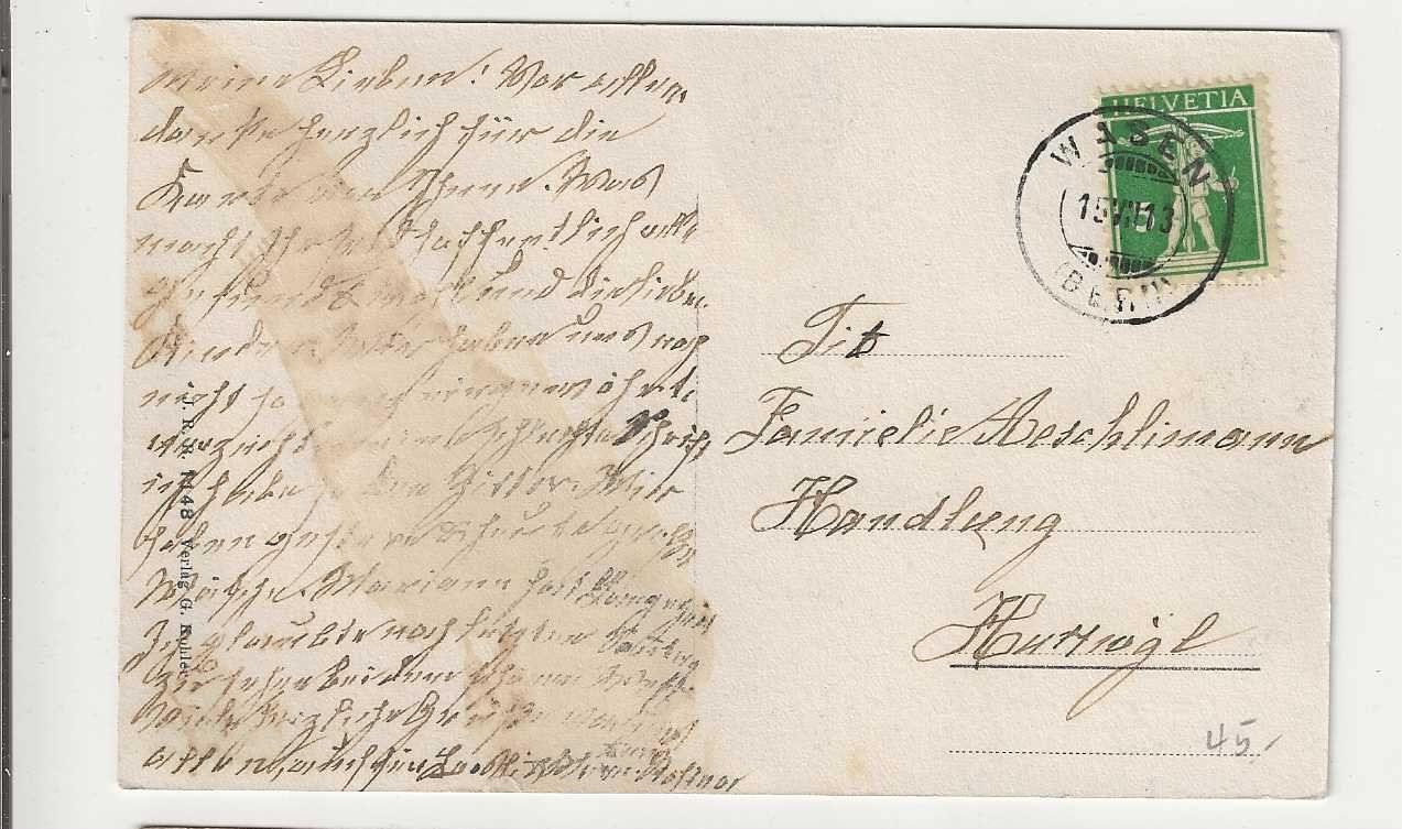 Cartoline postali: Wasen i.E., 1913 – Usato da Spiez venduto da Niesen20 1