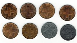 Münzen 1 Rappen, Lot mit 8 Stück, 1942-1990