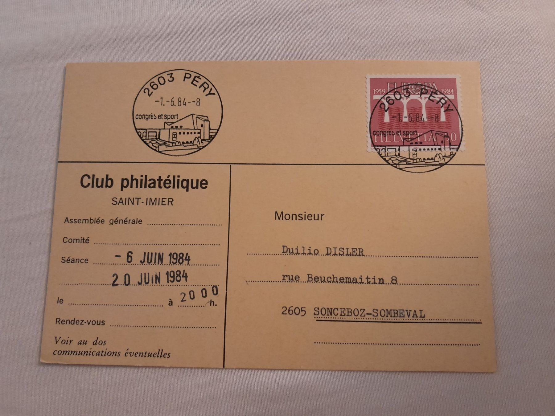 Tutti i francobolli: Enveloppe beau cachet 2603 Péry 1.6.1984 – Usato da Marly venduto da globetrotter1723