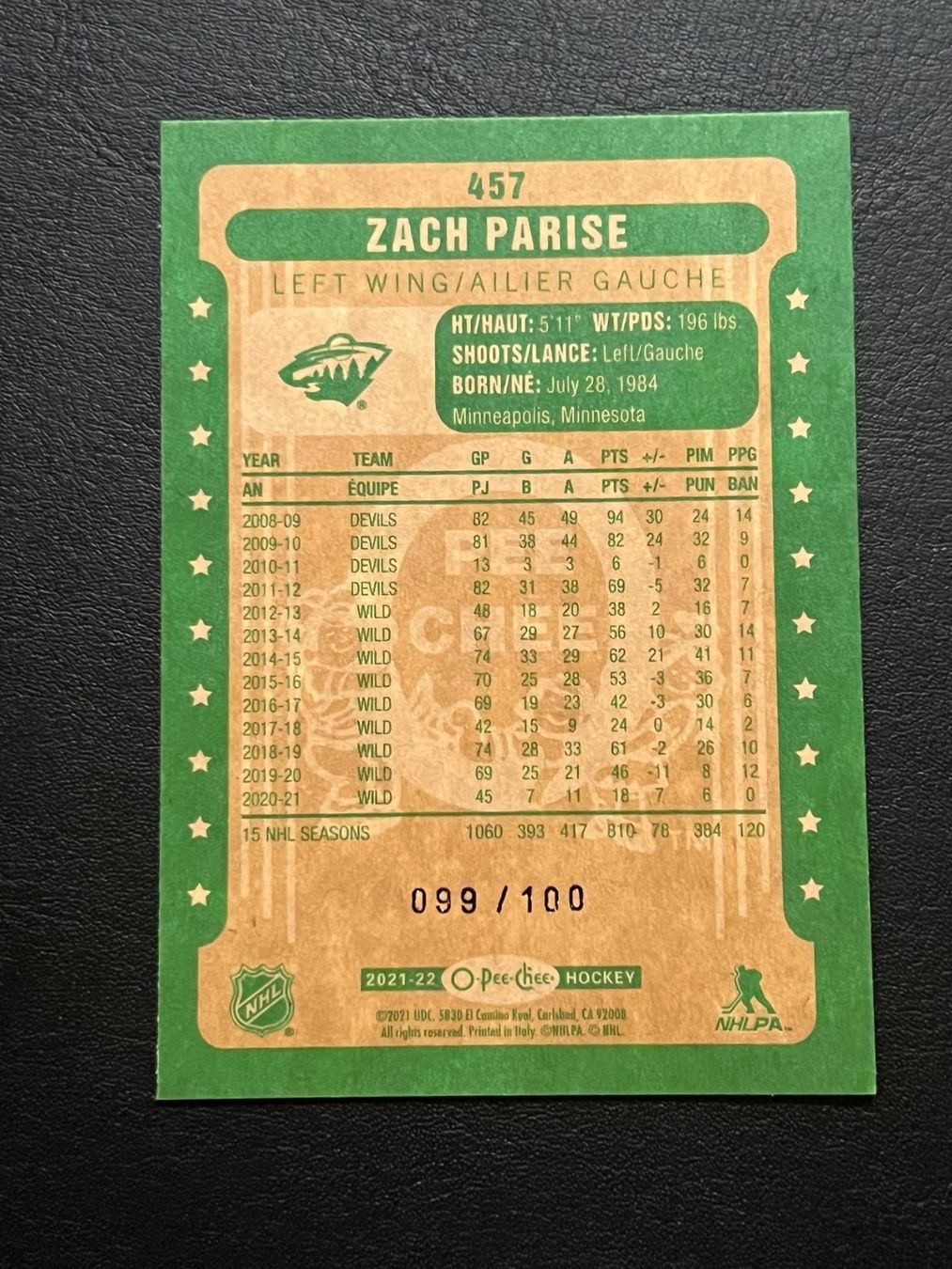 NHL Carte collezionabili: Zach Parise 2021 OPC 99/100 Minnesota Wild – Nuovo (secondo la descrizione) da Möhlin venduto da SwissHockeyCards 1