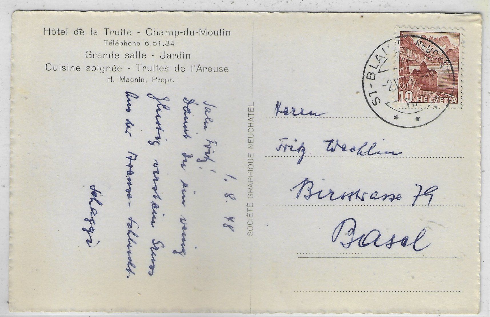 Cartoline postali: Champ-du-Moulin - Hotel de la Truite – Usato da Ettingen venduto da Kartenplanet 1