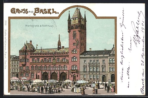 Ansichtskarten: Litho Basel, Marktplatz und Rathaus – Gebraucht aus Berlin von bartko-reher