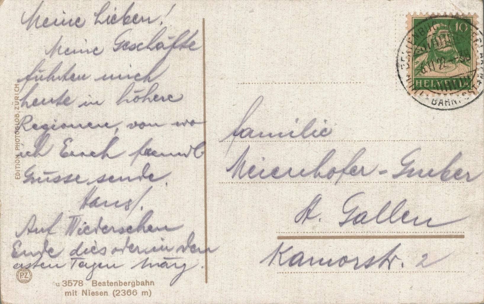 Cartoline postali: Standseilbahn Beatenberg mit Niesen, Schweiz! 1922 – Usato da Luzern venduto da Kartenansicht 1