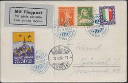 1924 Karte Flugpost GRENCHEN-ZH Mischfrank. Vignette ab 1.-