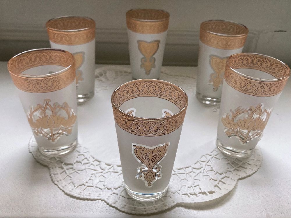 Lot De 6 Verres à Thé Marocain Bleu Et Or - 11cl, Verre Doré Fait-main