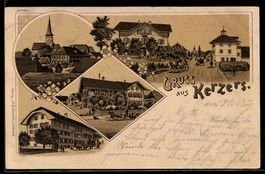 Lithographie Kerzers, Restaurant zur Krone mit Pferdekutsche
