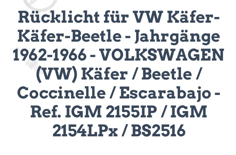 Tutti pezzi di ricambio auto: Vw Käfer Rücklicht – Usato da Anglikon venduto da Teyfik 1
