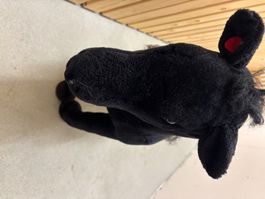 Stoffpferd schwarz mit Sattel Kinder Spielzeug guter Zustand