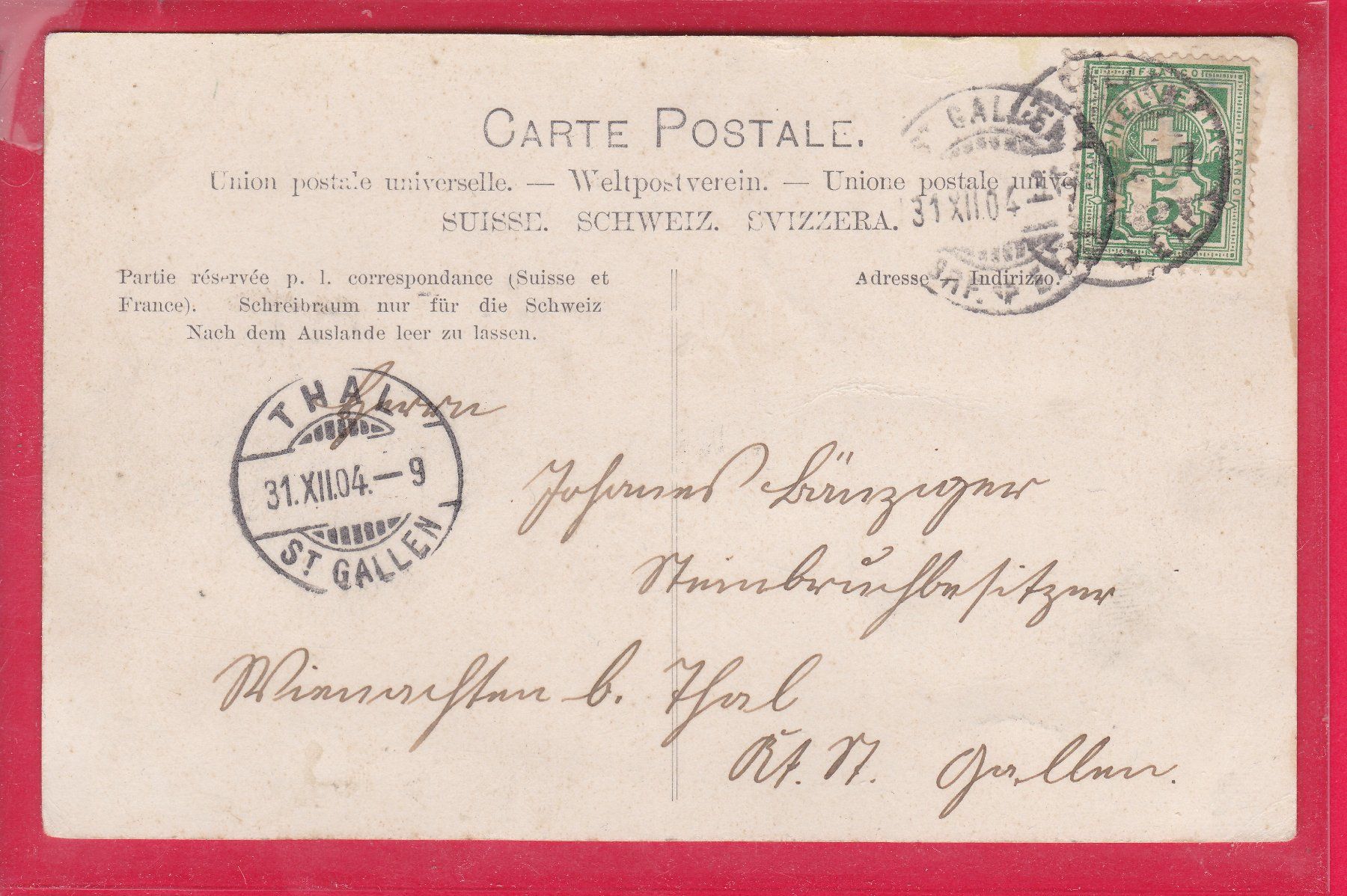 Cartoline postali: PROSIT NEUJAHR 1905, ST.GALLEN, 31.12.1904 – Usato da Oberrieden venduto da Gebirgsstelze 1