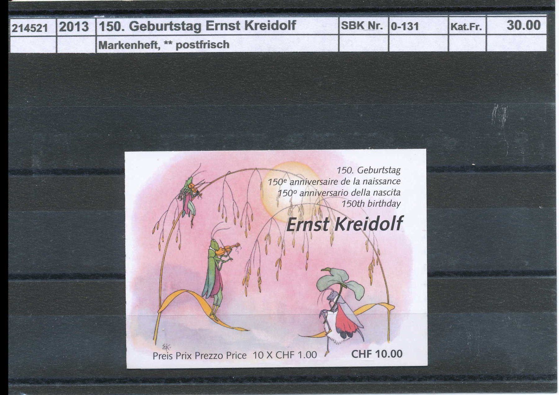 Tutti i francobolli: 2013 "Ernst Kreidolf", Markenheftchen, ** postfrisch – Nuovo (secondo la descrizione) da Winterthur venduto da Zupogeru