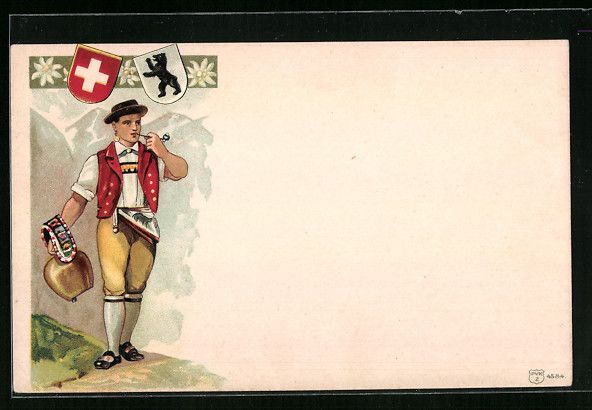 Cartoline postali: Litho Mann in Tracht mit Kuhglocke – Usato da Berlin venduto da bartko-reher