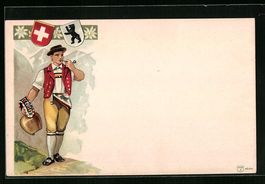 Litho Mann in Tracht mit Kuhglocke