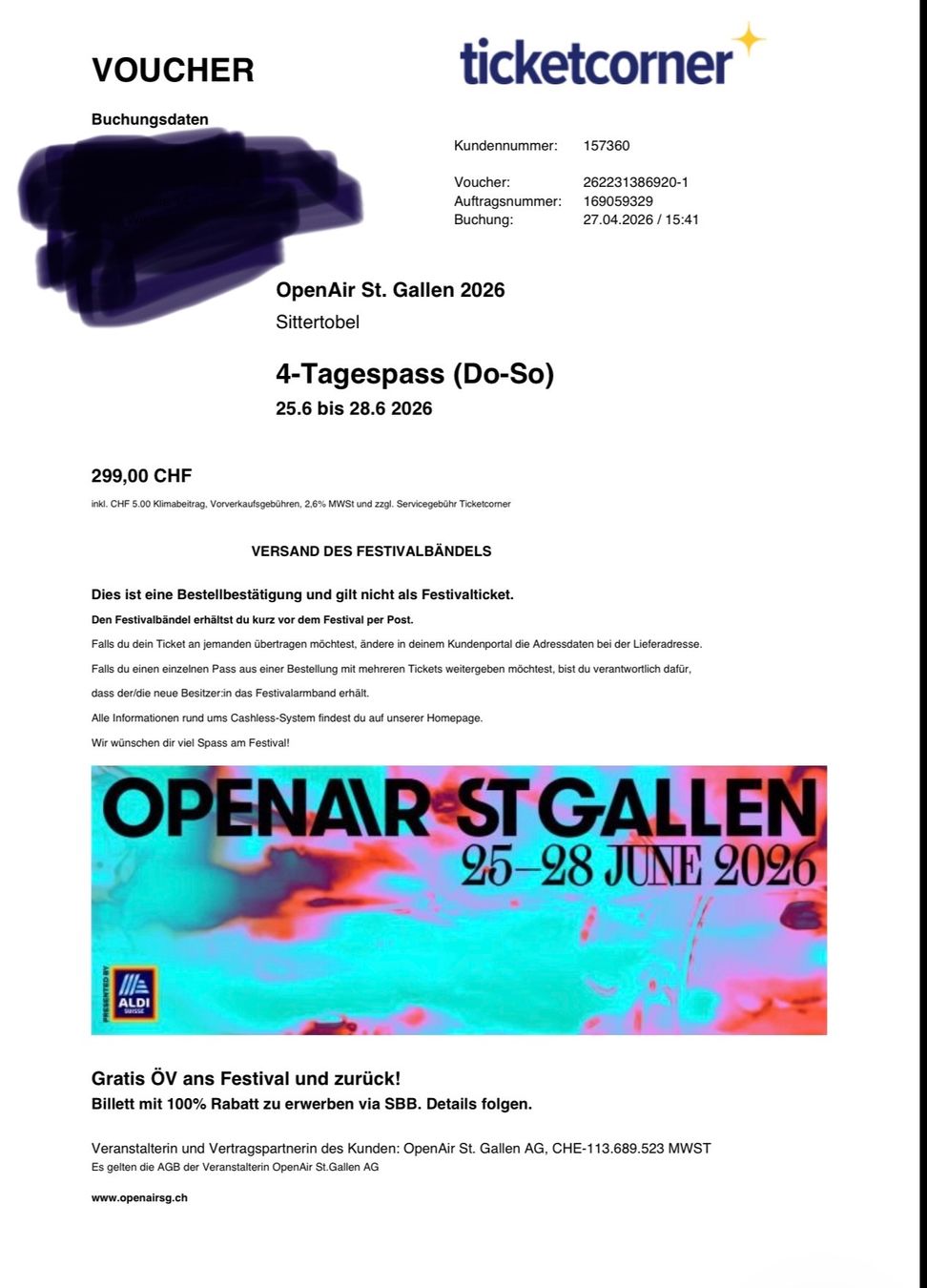 Biglietti: 4 tage St Gallen Openair – Nuovo (secondo la descrizione) da Winterthur venduto da tab_5sgt