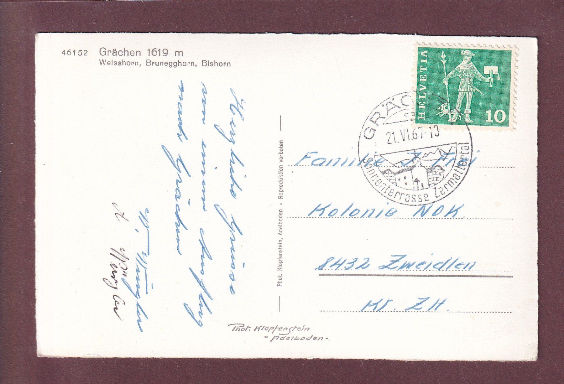 Cartoline postali: GRÄCHEN - 1967 – Usato da Pully venduto da nicecards 1