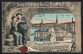 Grusskarten-AK Hamburg, Hafenpartie mit 