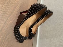 Christian Louboutin Black Leather Studded Heels, Size 38