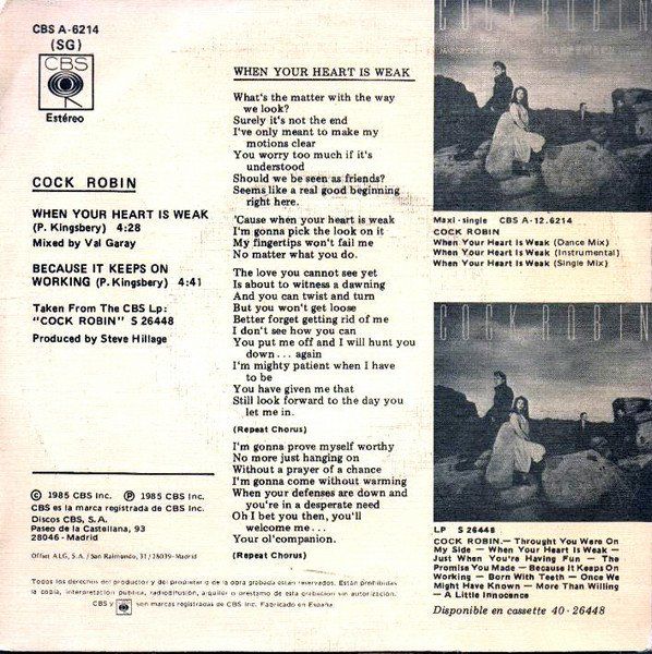 Schallplatten: Cock Robin: When Your Heart Is Weak 7" – Gebraucht aus Steinhausen von Vilivinili 1