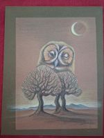 Original Zeichnung Eule mit Mond braunes Papier 1986