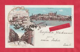 Souvenir de Nyon (VD) Farb-Liho mit Glitzer am Genfersee