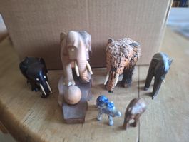 ​6x Elefanten-Figuren Holz Porzellan Deko Set