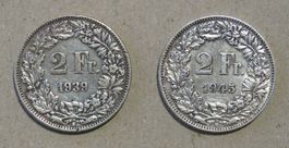 2 x Fr. 2.-  1939 und 1945  Silber