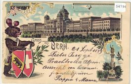 Gruss aus Bern - Bärin, Bundeshaus, Berna-Brunnen - Litho