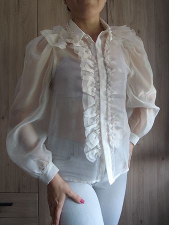 ZARA white sheer ruffle blouse with pearls size S