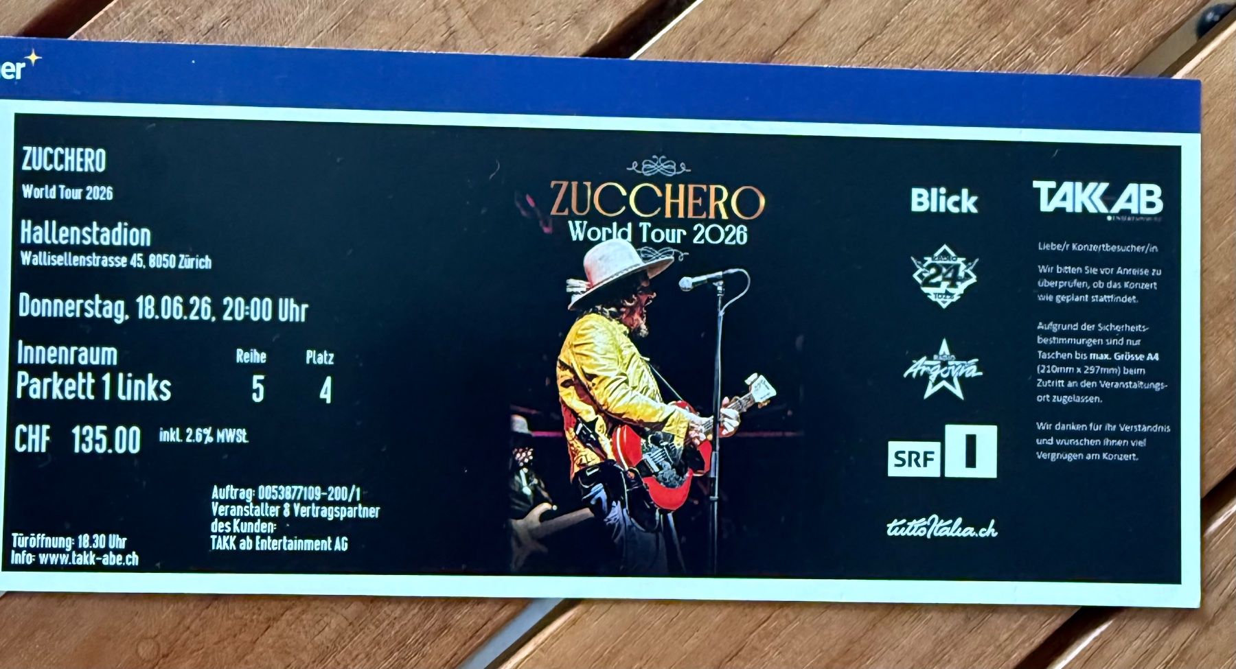 Tickets: Zucchero Ticket 18.6.26 – Neu und originalverpackt aus Herrliberg von jet_ch9v