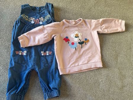 Adorable two piece dungarees/sweatshirt girl 6-9 monthd