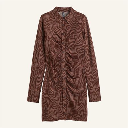 Brown zebra print ruched long sleeve dress