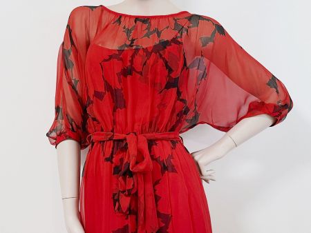 Kleid Abendkleid 40 Seidenchiffon rot-schwarz VINTAGE 1970s