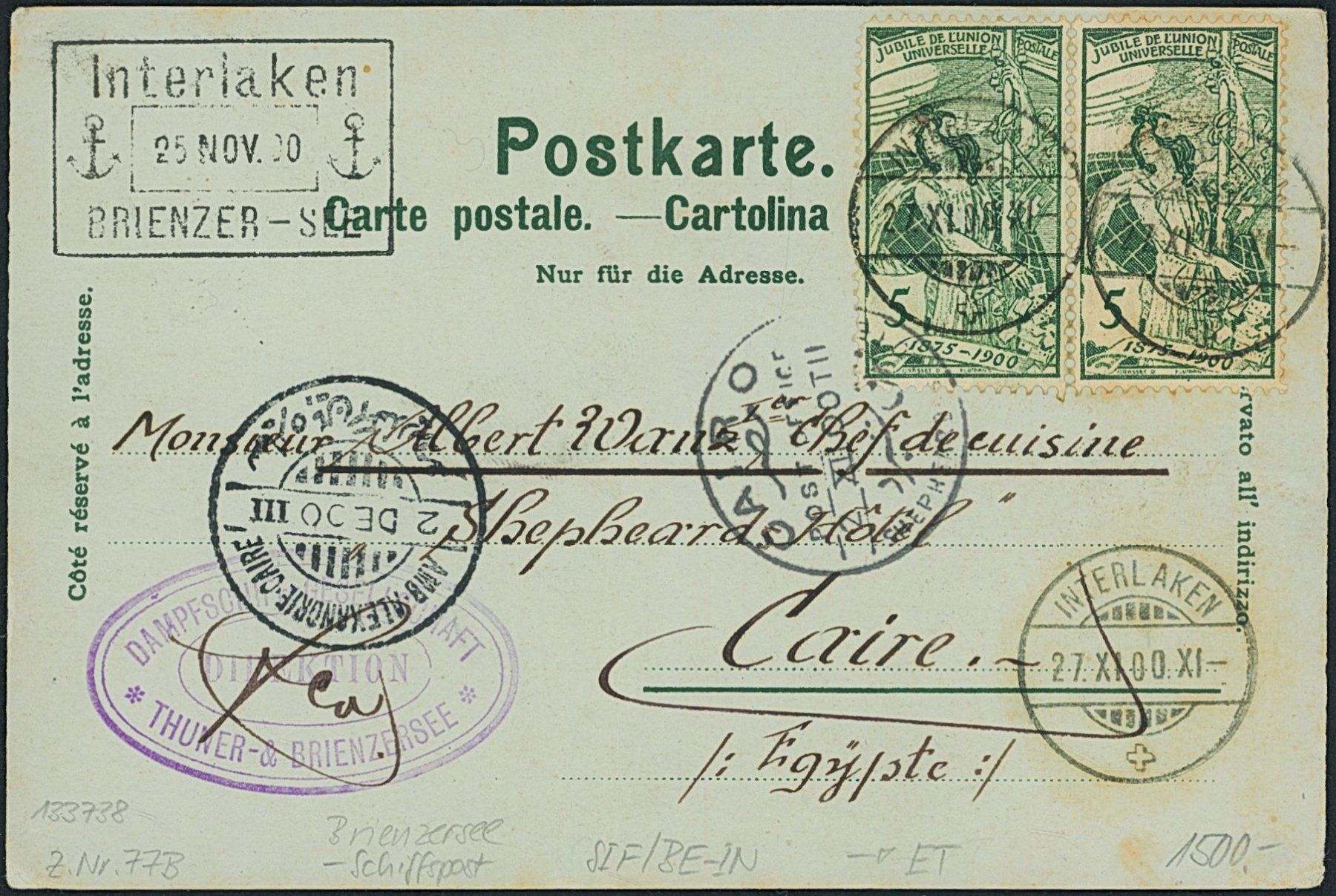 Tutti i francobolli: BE Interlaken - Schiffspost - Brienzersee - nach Cairo ET – Usato da Schindellegi venduto da leecollect