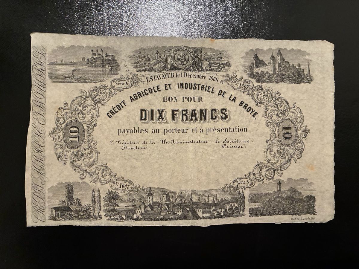 Banconote: 10 Francs 1866  – Usato da Dällikon venduto da Woldbanknoten
