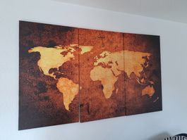 Weltkarte Wandbild 3-teilig Motiv Orange Braun Used Look