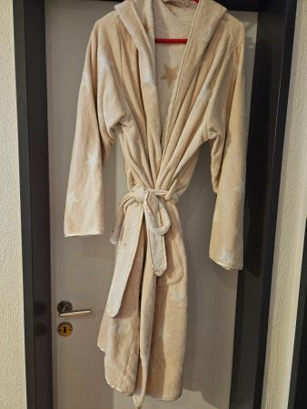 Neu: Bademantel mit Kapuze beige/weiss - Gr.L/XL