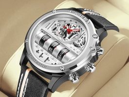 Herrenuhr Automatik Skelett Lederarmband Silber Analoge Uhr