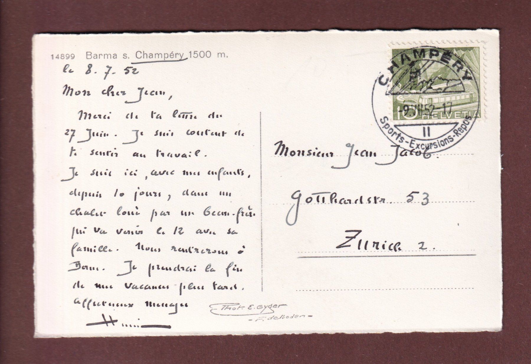 Cartes postales: BARMAZ - 1952 – D'occasion à Pully par nicecards-shop 1