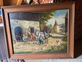 Gemälde "Dorfleben" von H. Riedmann, gerahmtes Oelbild, top!