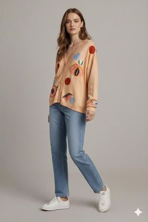 Odette Beigefarbener Cardigan mit Blumenmuster – Strickjacke