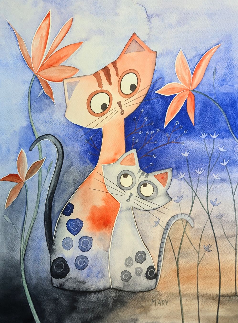 Dipinti: Original Aquarell "Katzenmutter und Sohn" Bild Kinder – Nuovo e nell'imballaggio originale da Wittenbach venduto da Mary.M.Boesch