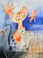 Original Aquarell "Katzenmutter und Sohn" Bild Kinder