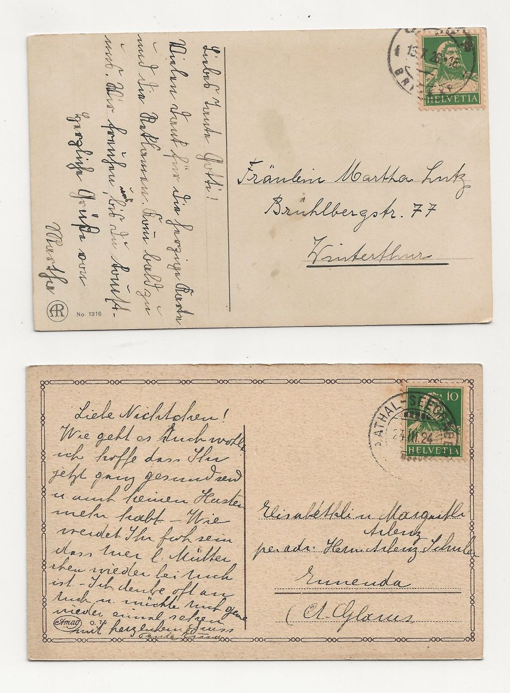 Ansichtskarten: 2 AK 1924/26 Freundschafts Karten – Gebraucht aus Greifensee von 315WDO 1
