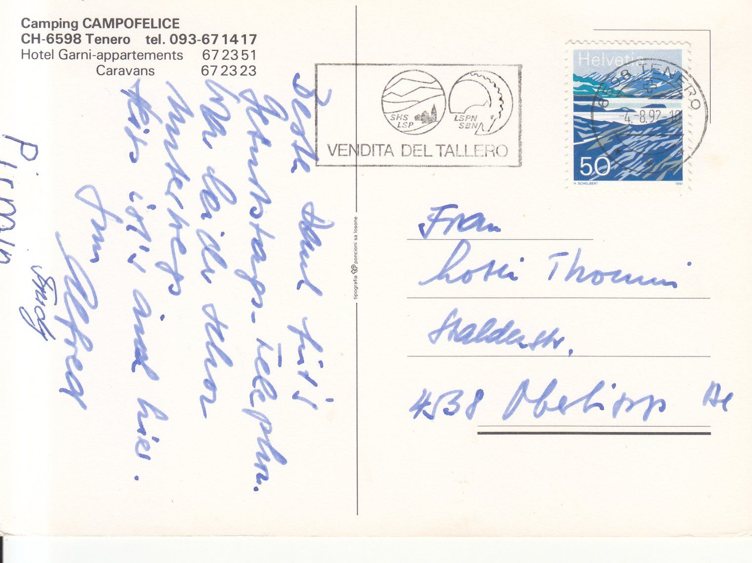 Cartoline postali: Tenero Campo Felice 1992 – Usato da Bürglen TG venduto da StampGraf 1