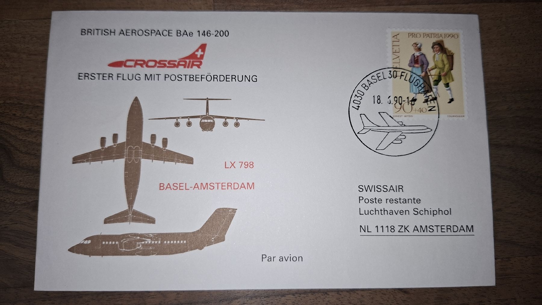 Tutti i francobolli: Crossair Basel - Amsterdam 18.06.1990 – Usato da Balgach venduto da SIMEON27